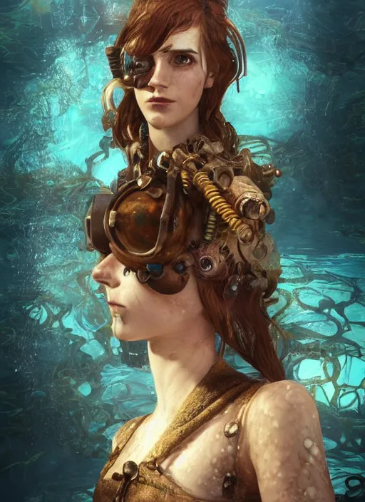 Image similar to underwater steampunk emma watson, au naturel, hyper detailed, digital art, trending in artstation, cinematic lighting, studio quality, smooth render, unreal engine 5 rendered, octane rendered, art style by klimt and nixeu and ian sprigger and wlop and krenz cushart.