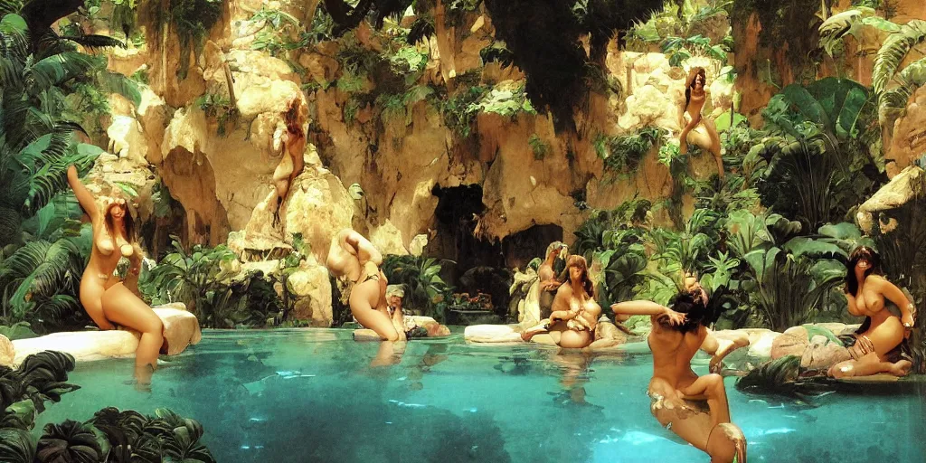 Image similar to a tropical cave that renovate as a luxury interior as a harem of beautiful women bathe in the waters by syd mead, frank frazetta, ken kelly, simon bisley, richard corben, william - adolphe bouguereau