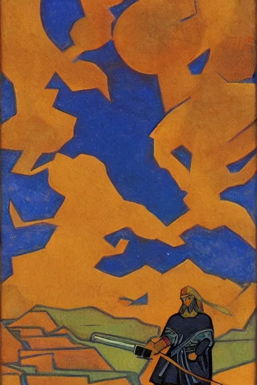 Image similar to thor with hammer, marvel, artwork by nicholas roerich,