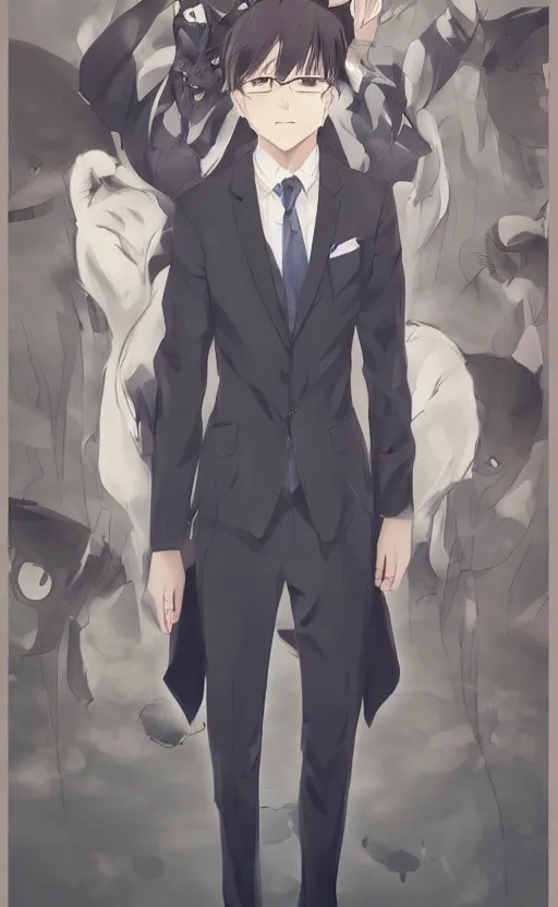 Image similar to A realistic anime portrait of a handsome young man with cat ears wearing a suit, by WLOP and Rossdraws, digtial painting, trending on ArtStation, deviantart