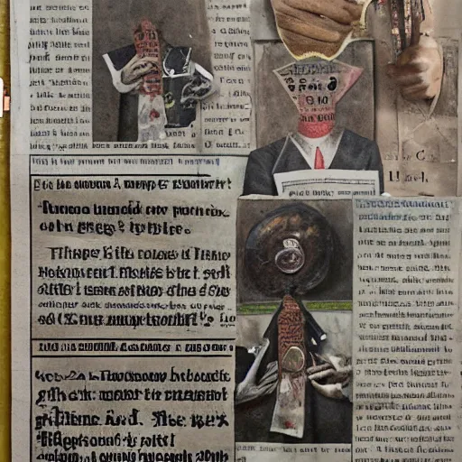 Image similar to newspaper collage, dada, freemason ritual, extremely detailed, sharp, hyperrealistic, 8 k