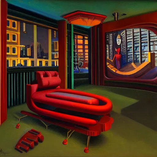 Image similar to evil lair, cyborg mastermind, mind control facility, dystopian, pj crook, edward hopper, oil on canvas