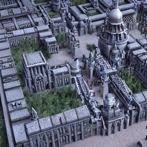 Image similar to dark fantasy, ruined city with palace made out of blue quartz in the middle, cinematic, ultrarealistic, intricate detail, finely detailed, small details, extra detail, high resolution, volumetric lighting, octane render, 8 k, ultradetailed, photorealistic