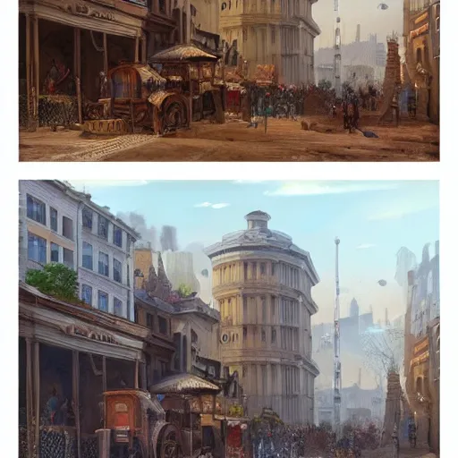 Image similar to beautiful color painting of a cityscape of an 1 8 0 0 s busy city, highly detailed, trending on artstation