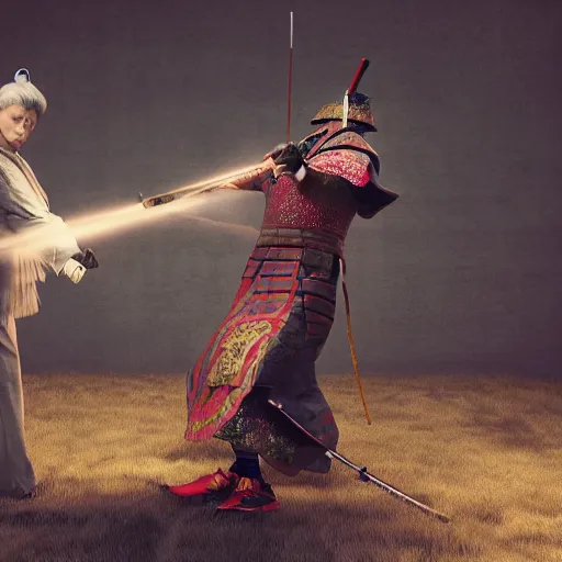 Prompt: my dog and my grandma dueling to the death, dramatic, serious, samurai armor, honorable, beautiful tapestry, digital art, 8 k, octane render, stylised