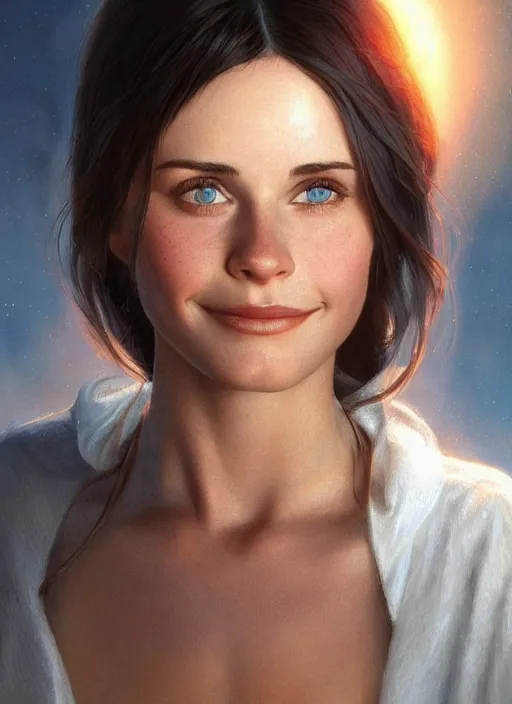 Image similar to cute young courtney cox as a heavenly plump angel, anatomy, bathed in light, highly detailed, photorealistic, artstation, smooth, sharp focus, illustration, unreal engine 5, 8 k, art by artgerm and greg rutkowski and edgar maxence