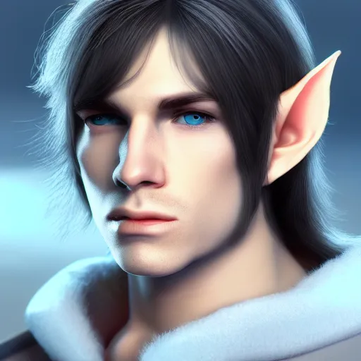 Image similar to a highly detailed portrait male elf, with white long hair, white clothes, bright blue eyes, artstation, DeviantArt, professional, octane render