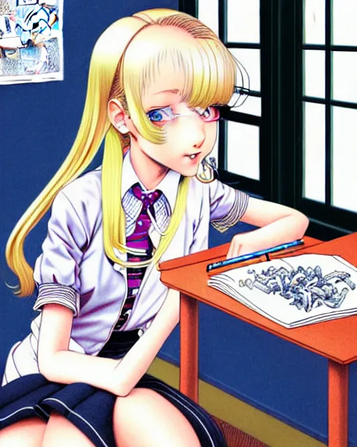 Image similar to illustration depicting a wealthy young mischievous female prep school student with medium length bright blonde hair and pale skin, in an old study room smoking her dad's cigarettes, complex artistic style, color ink pen illustration, subtle detailing, illustrated by Artgerm and Range Murata.