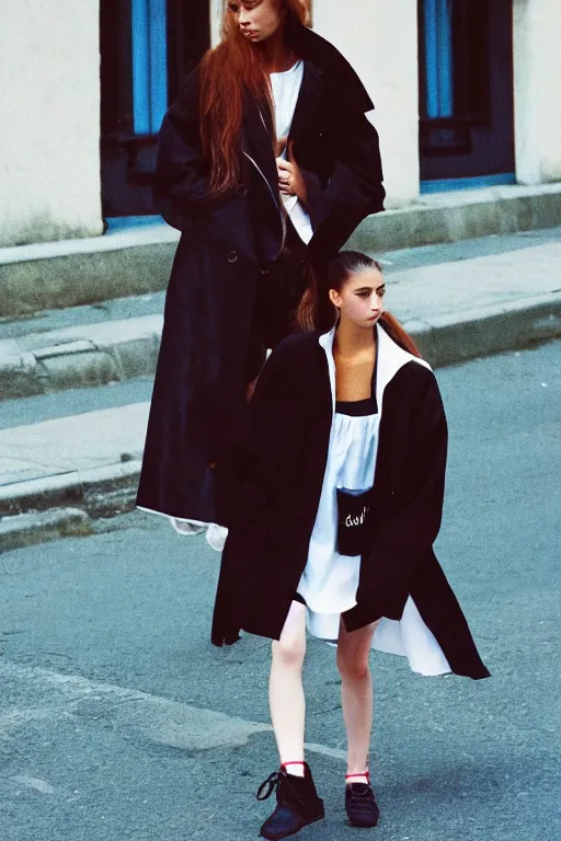 Image similar to high quality realistic street photo of girl, stylish hairstyles, clothes in the style of 1 9 9 0, fashion style clothes from maison margiela and off - white ; kodak ektar, 2 0 0 iso, 3 5 mm lens, bill henson style beautiful chiaroscuro lighting, beautiful colour palette, beautiful and realistic, wide shot