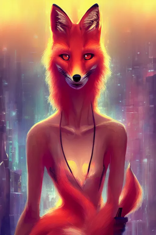 Image similar to beautiful portrait of a tall female anthro fox smoking a cigarette white standing head and shoulders taller than the bustling crowd of a rainy city street, cyberpunk, harsh neon lights, highly detailed, sharp focus, digital painting, illustration, trending on artstation, art by sakimichan, artgerm