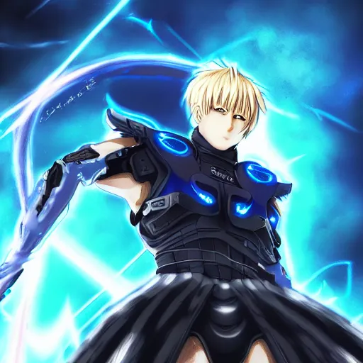 Image similar to portrait of the genos blue flame arms mode, anime fantasy illustration by tomoyuki yamasaki, kyoto studio, madhouse, ufotable, comixwave films, trending on artstation