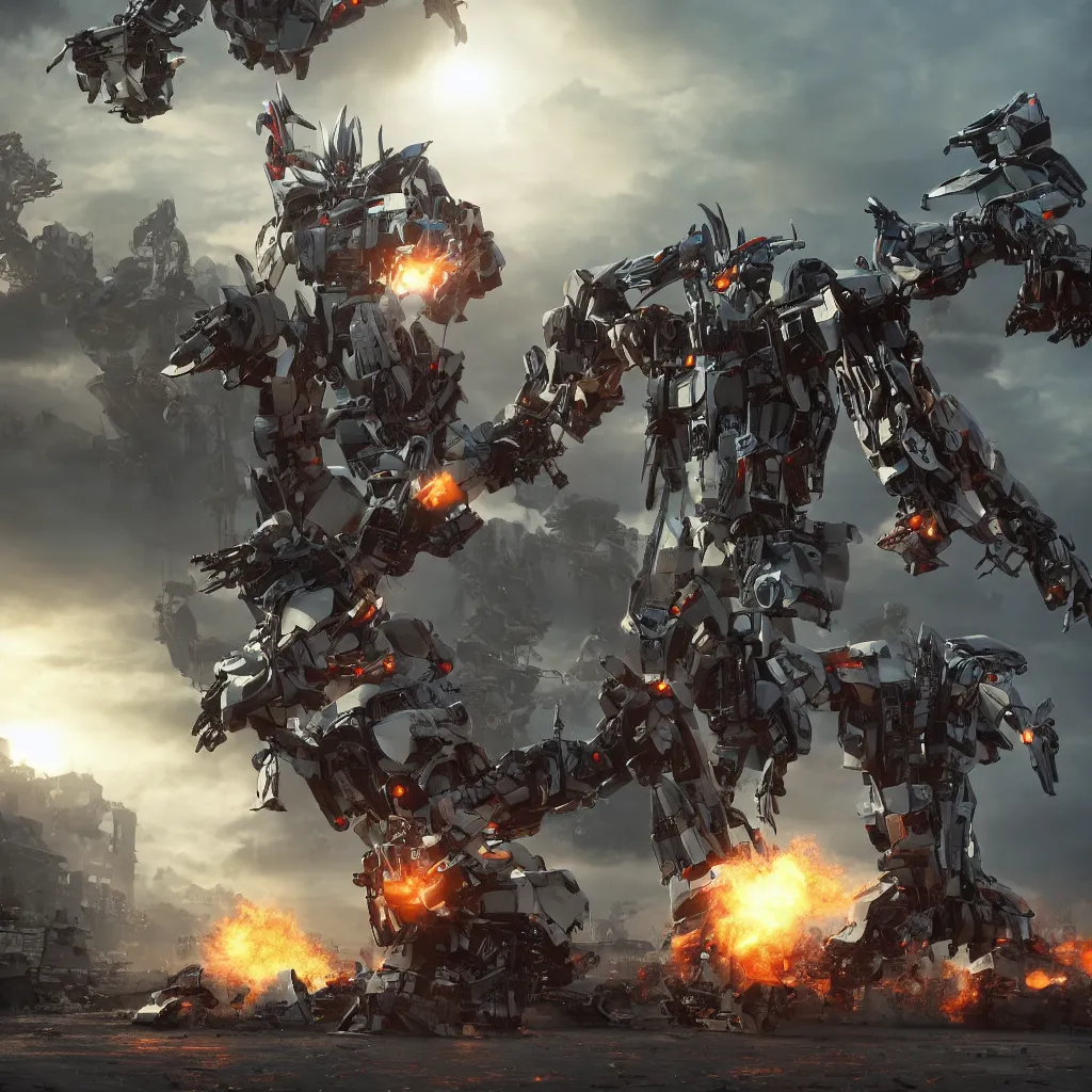 Image similar to transformers robot fighting with aliens near red fort, octane render, volumetric lighting, art by furio tedeschi, hyper detailed