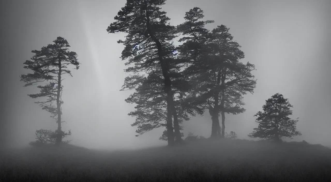 Image similar to photorealistic tower on the edge of nowhere misty moors ropes old growth rock features volumetric fog light rays high contrast dawn