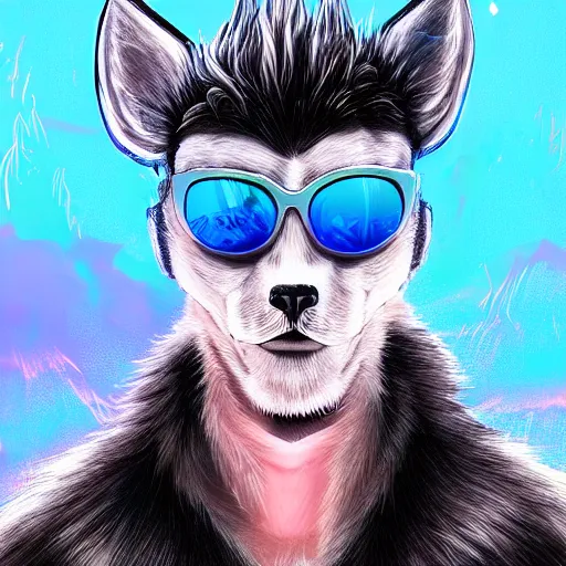 Prompt: White Wolf, blue mohawk hairstyle, sunglasses, synthwave style, portrait, artstation, detailed, award winning, furry, painting