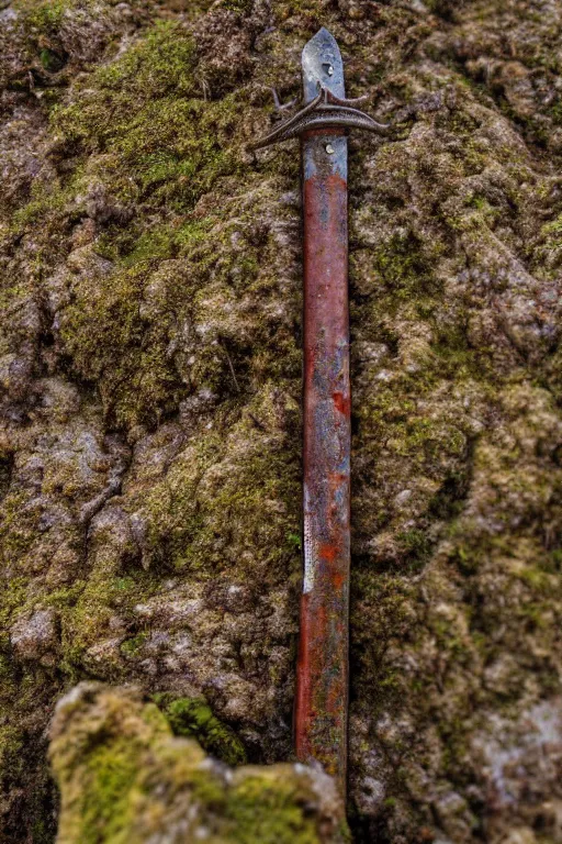 Image similar to a portrait of a rusty sword protruding from a rock, rust and corrosion, moss and vegetation, ancient forest, excalibur, close - up, intricate details, intricately detailed textures, warm lighting, vivid colors, smoke and mist, hyper realistic octane render, volumetric shading, depth of field, raytracing, 8 k,