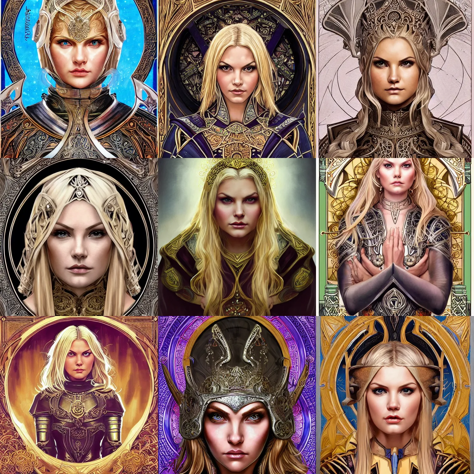 Image similar to head-on symmetrical centered painted portrait, Elisha Cuthbert as a paladin, blonde hair, ornate iron armour, art nouveau, tarot card style, medieval robes, fantasy, intricate, elegant, highly detailed, smooth, sharp focus, illustration, artstation, in the style of Artgerm and Anna Podedworna and Alex Ross and Mucha