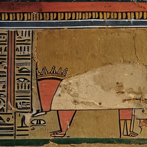 Prompt: ancient egyptian wall painting of a guinea pig wearing the crown of lower egypt.