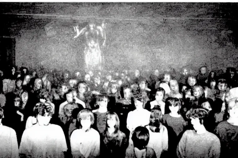 Image similar to photo of a room of people staring at a live demon, the vibe is eerie, the image is low quality and in color, it was found on the deep web.