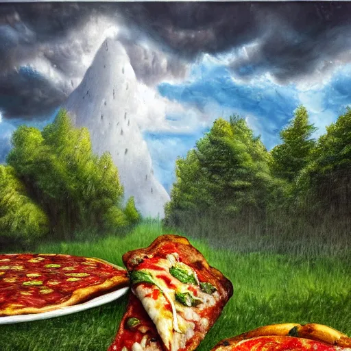 Prompt: highly detailed, high resolution, hyper realistic, 8 k, trending on artstation, landscape nature painting, trees made out of pizza, ground is made of cheese and pepperoni, waterfall made of marinara sauce, clouds are bell peppers, mushrooms