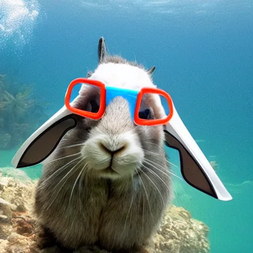 Image similar to a rabbit wearing a snorkel and diving mask