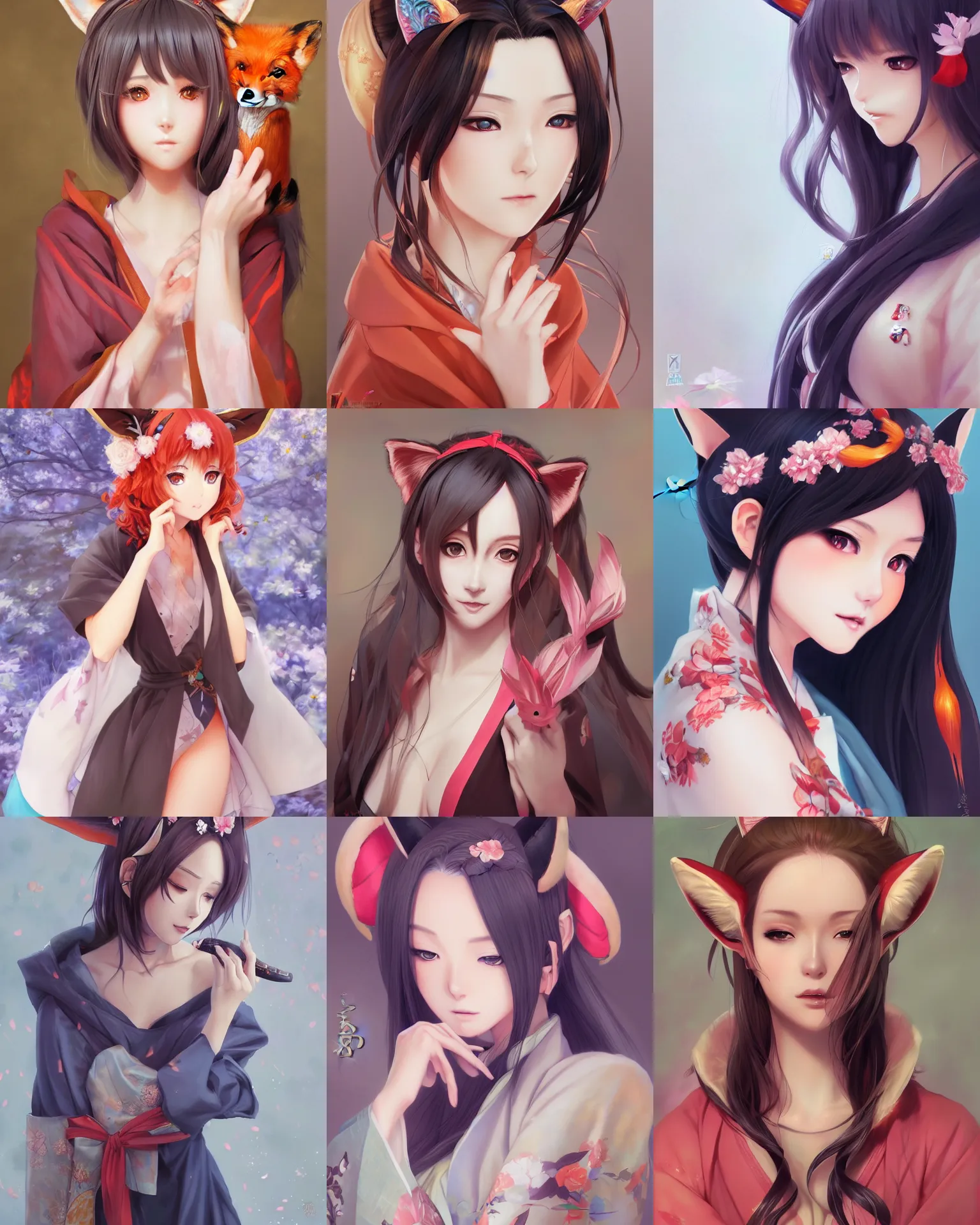 Prompt: A realistic anime portrait of a beautiful, shapely woman with fox ears, wearing a kimono, digital painting, by Stanley Artgerm Lau, WLOP, Rossdraws, LeraPi, and Sakimichan, trending on ArtStation, deviantart, SFW version