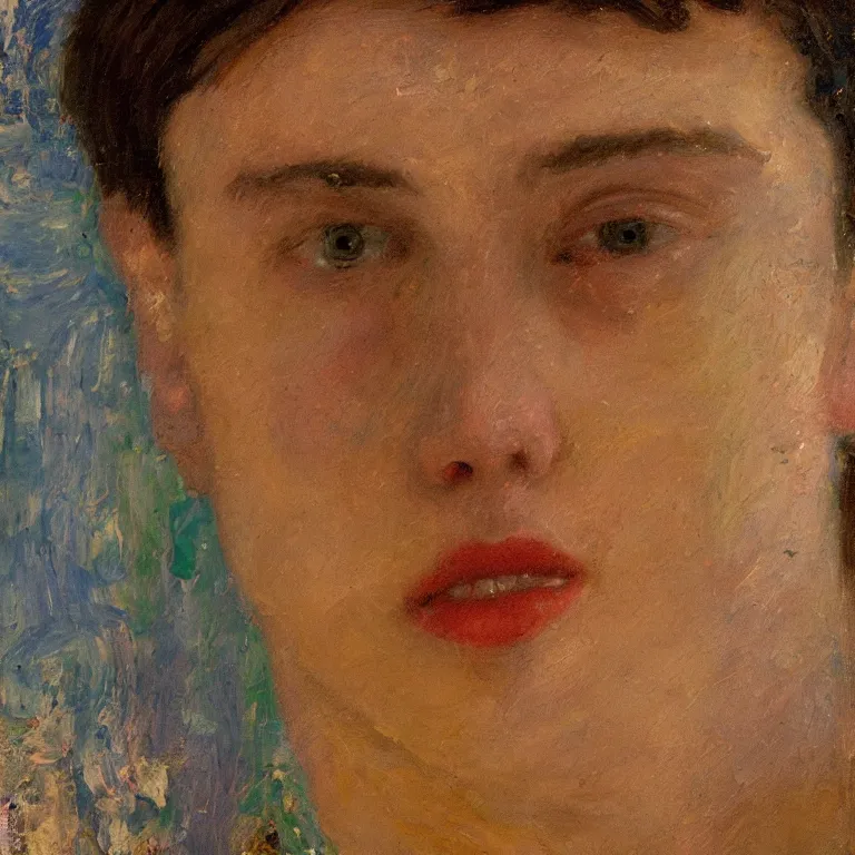 Prompt: Beautiful warmly lit close up studio portrait of young teenage Ronan the Accuser sweetly smiling cute, impasto oil painting heavy brushstrokes by Cy Twombly and Anselm Kiefer , trending on artstation dramatic lighting abstract Expressionism