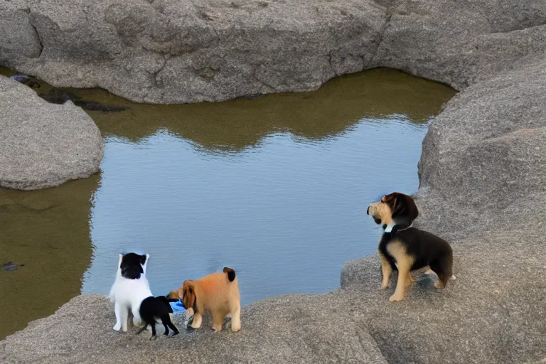 Image similar to a puppy is looking directly at the water below them while they stand at an edge