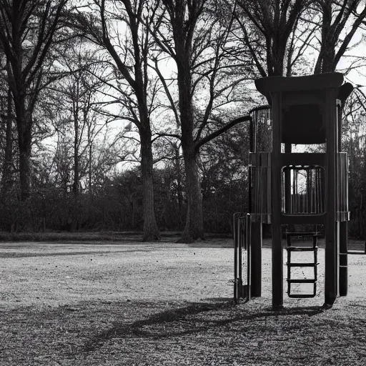 Prompt: an abandon playground with a tall dark figure in the background, liminal, dark, highly detailed,