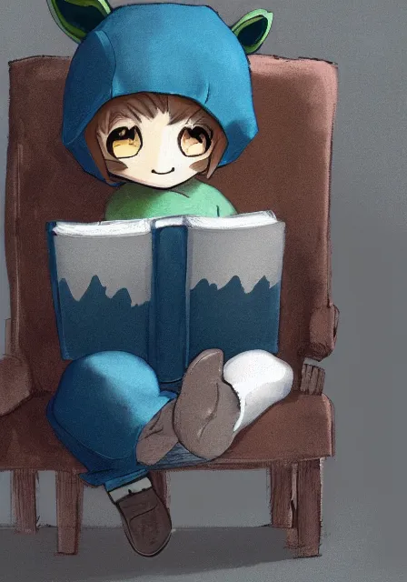 Image similar to beautiful little boy wearing sheep suit reading a book while sitting on chair, gray, blue, green and brown pallet color. made in abyss art style, inspired in kris from deltarrune, cute detailed artwork, anatomically correct, soft details, ilya kuvshinov, reflection, perfect composition, mobile wallpaper, illumination