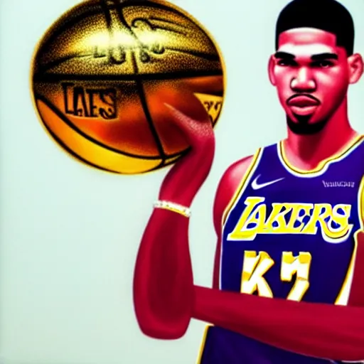 Image similar to jayson tatum in los angeles lakers jersey, holding the larry o'brien trophy, portrait by william sidney mount, oil on canvas, trending on artstation, hyper realistic