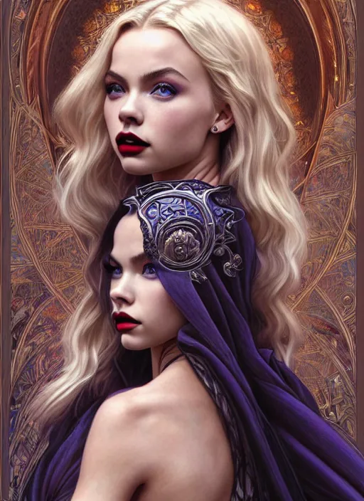 Image similar to ultra realistic illustration, a stunningly beautiful greek gothic goddess of chaos played by jordyn jones and dove cameron and margot robbie and taylor swift and megan fox and adriana lima, intricate, elegant, highly detailed, digital painting, artstation, concept art, smooth, sharp focus, illustration, art by artgerm and greg rutkowski and alphonse mucha