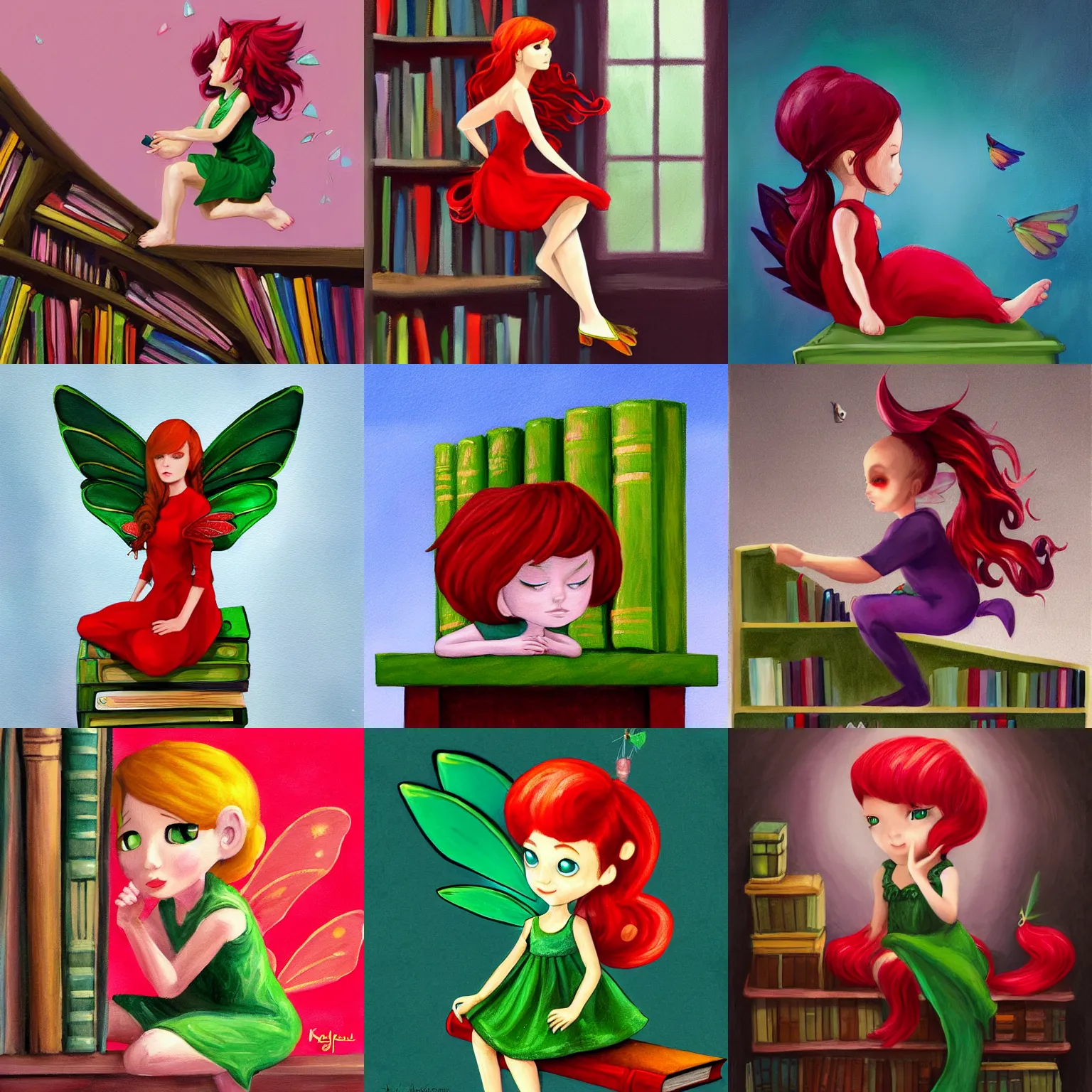 Prompt: a painting of a tiny fairy flying sitting on a bookshelf, ((((library interior)))), profile perspective, red hair, green dress, concept art by Kaja Foglio, behance contest winner, vanitas, official art, poster art, concept art