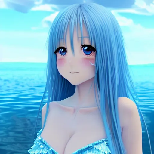 Image similar to a very beautiful anime girl wearing a dress made of water standing in a crystal lake , full body, long white hair with azure blue highlights blending into the dress , azure blue watery eyes, full round face, seductive over the shoulder glances , lens flare, cinematic lighting, medium shot, mid-shot, highly realistically detailed, trending on artstation, Unreal Engine 4k, Stanley Artgerm Lau, WLOP, Rossdraws, James Jean, Andrei Riabovitchev, Marc Simonetti, and Sakimichan