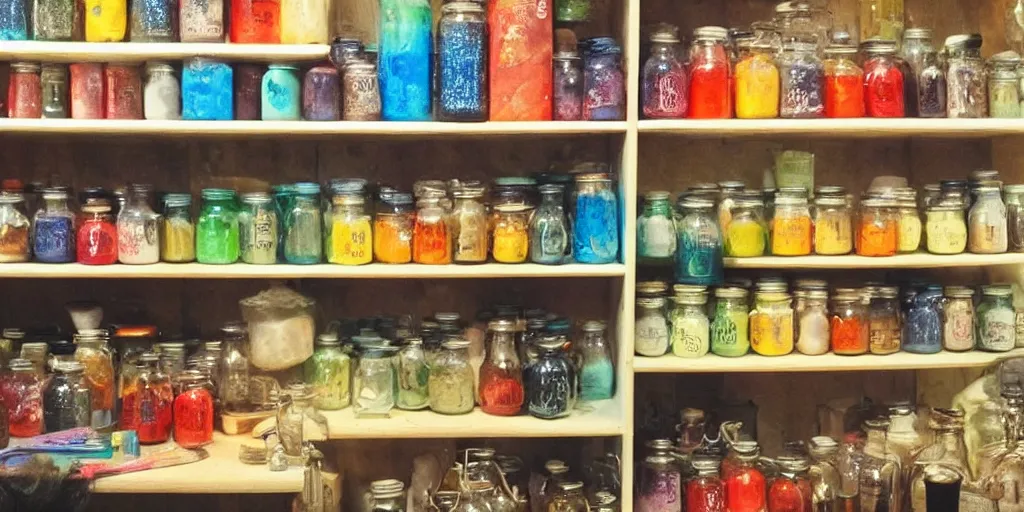 Image similar to a shelf full of colorful magic potions, brews and souls in jars