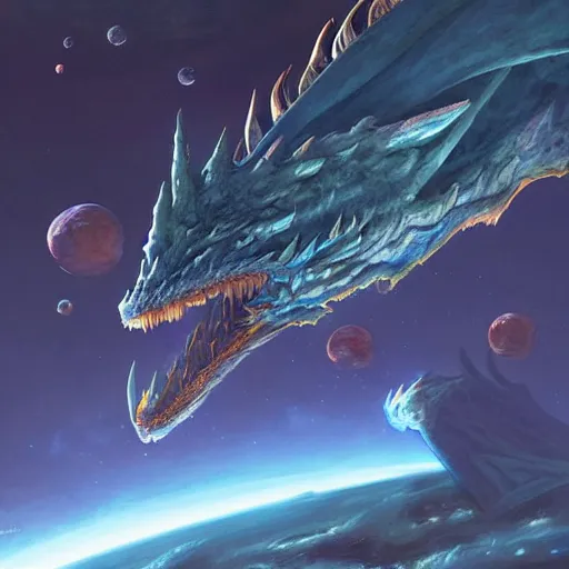 Prompt: Humongous blue scaled dragon devouring an earth like planet while flying in space, sun system, behemoth, nebula, oil painting, by Fernanda Suarez and Edgar Maxence and Greg Rutkowski