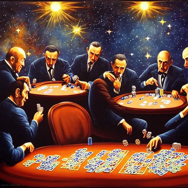 Prompt: Three mafiosi playing poker in open cosmos, star systems are visible in the background. Extremely high details, realistic, fantastic art, masterpiece, art by Alexei Leonov