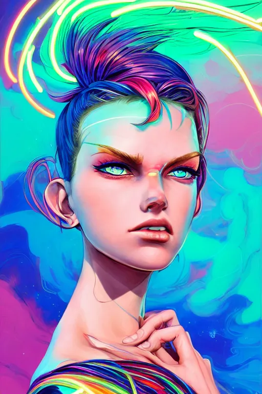 Image similar to a award winning portrait of a beautiful woman with stunning eyes in a one off shoulder croptop and cargo pants with rainbow colored hair, outlined by whirling illuminated neon lines and fine lines swirling in circles by jesper ejsing and rhads and makoto and shinkai and lois van baarle, digital art, trending on artstation