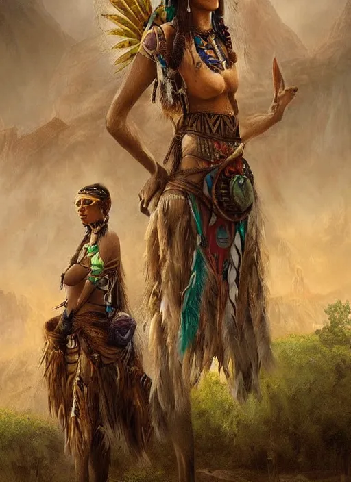 Prompt: two indigenous people trusting each other, fantasy art, matte painting, hightly detailed