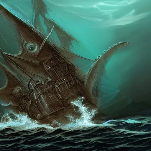 Prompt: sea monster looks like ship, deep dark sea, marine animal, highly detailed, digital painting, smooth, sharp focus