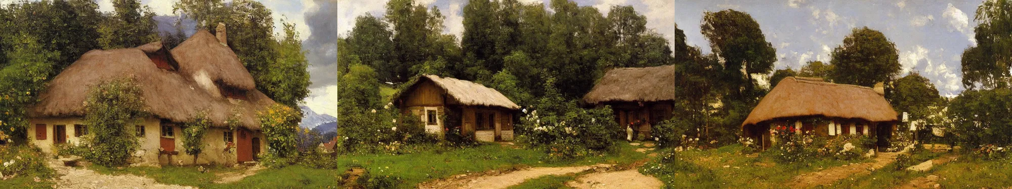 Prompt: High-Quality realist painting of a traditional Swiss cottage by Gustave Courbet, colorful house, very detailed, oil on canvas.