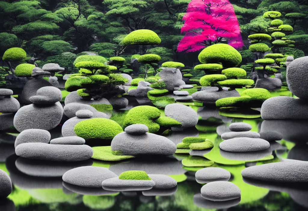 Image similar to serene beautiful temple rock garden kyoto, japan, a collage painting, in the style of wes anderson, lola dupre, david hockney, isolated on negative white space background dark monochrome fluorescent neon spraypaint accents volumetric octane render