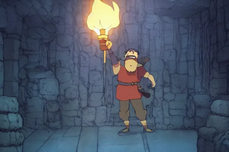 Image similar to a bearded man holds a torch and explores a Dungeon, luminous, Studio Ghibli