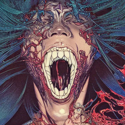 Image similar to closeup of face melting and tongues, by yoichi hatakenaka, masamune shirow, josan gonzales and dan mumford, ayami kojima, takato yamamoto, karol bak