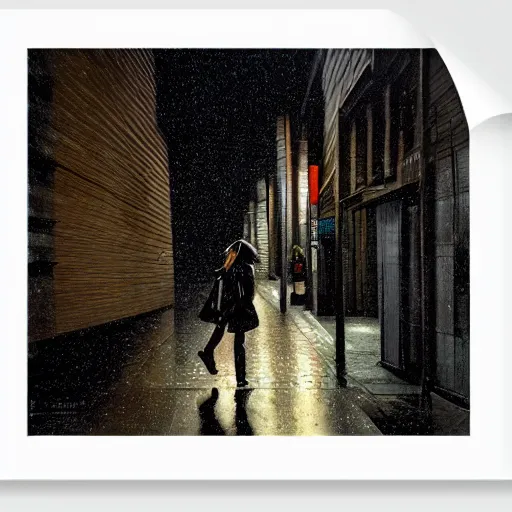 Image similar to girl in leather jacket walking down rainy city street at night, Kiyohiko Azuma