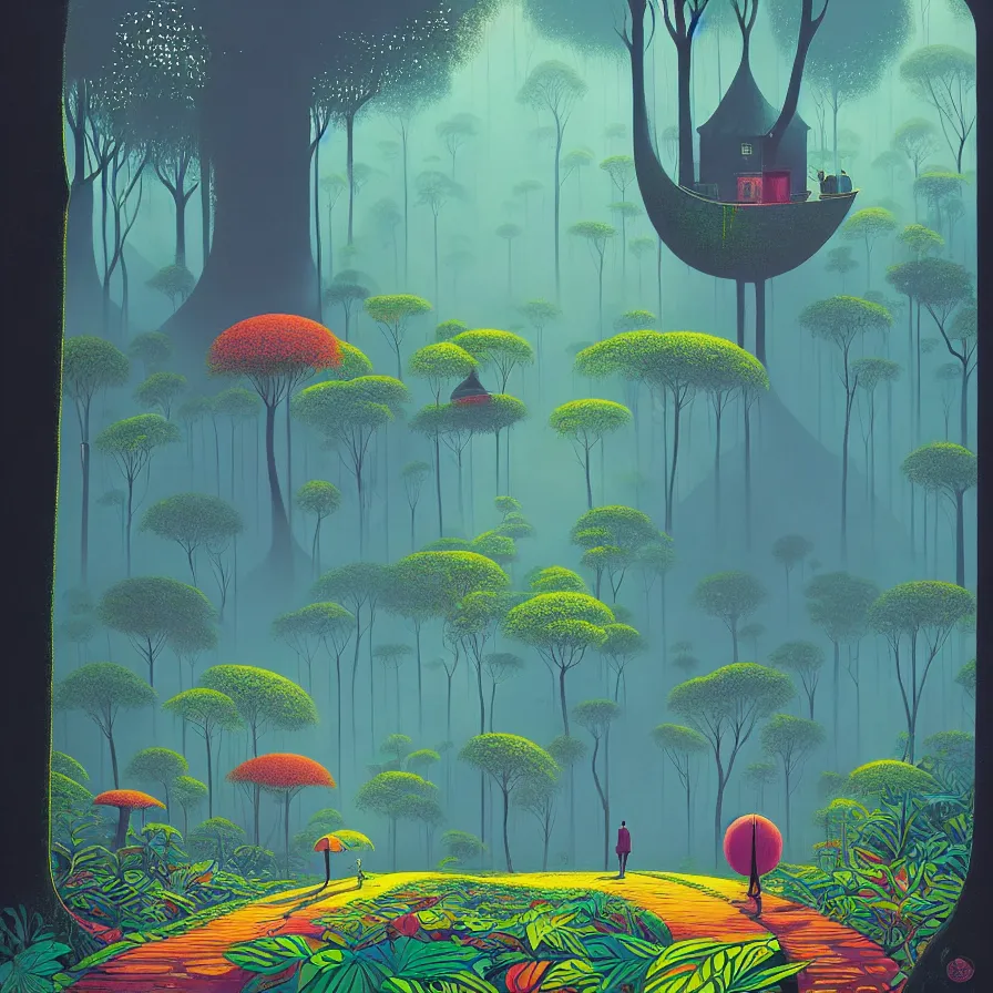Image similar to surreal gediminas pranckevicius, malaysia jungle, summer morning, very coherent and colorful high contrast art by james gilleard james gurney floralpunk screen printing woodblock, dark shadows, pastel color, hard lighting, stippled light, art nouveau, film noir