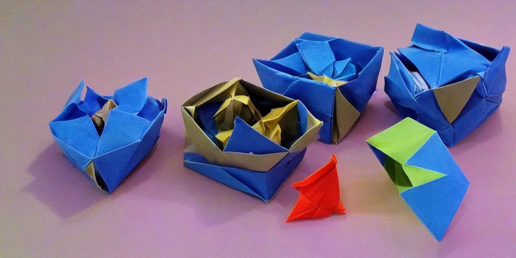 Prompt: origami boxes bigger on the inside. background outer space. photorealistic