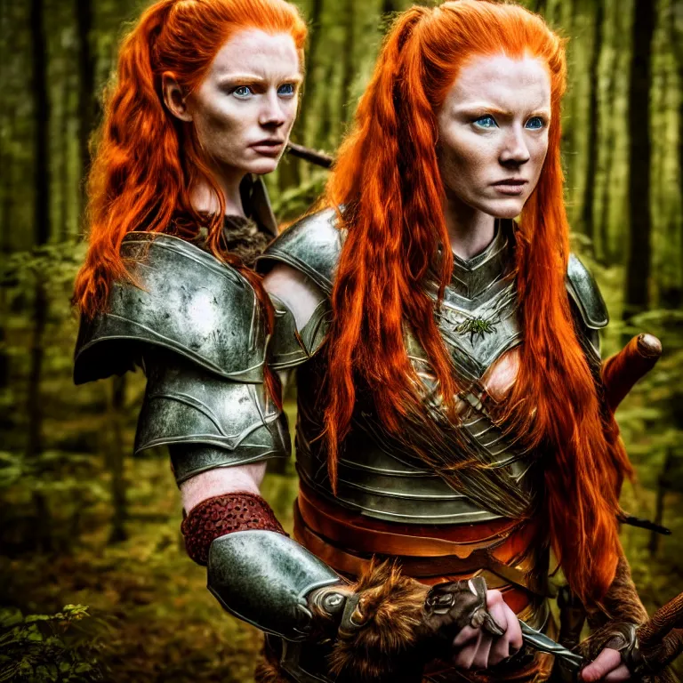 Image similar to 5 5 mm portrait photo of an armored handsome well - built female warrior, red hair, ginger hair, in a magical forest in the style of lord of the rings, highly detailed 8 k. intricate. lifelike. soft light. nikon d 8 5 0. cinematic post - processing