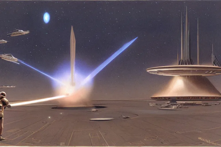 Image similar to ralph mcquarrie concept art, scene : ext death star the giant laser dish on the completed half of the death star begins to glow ; then a powerful beams shoots out toward the aerial battle.