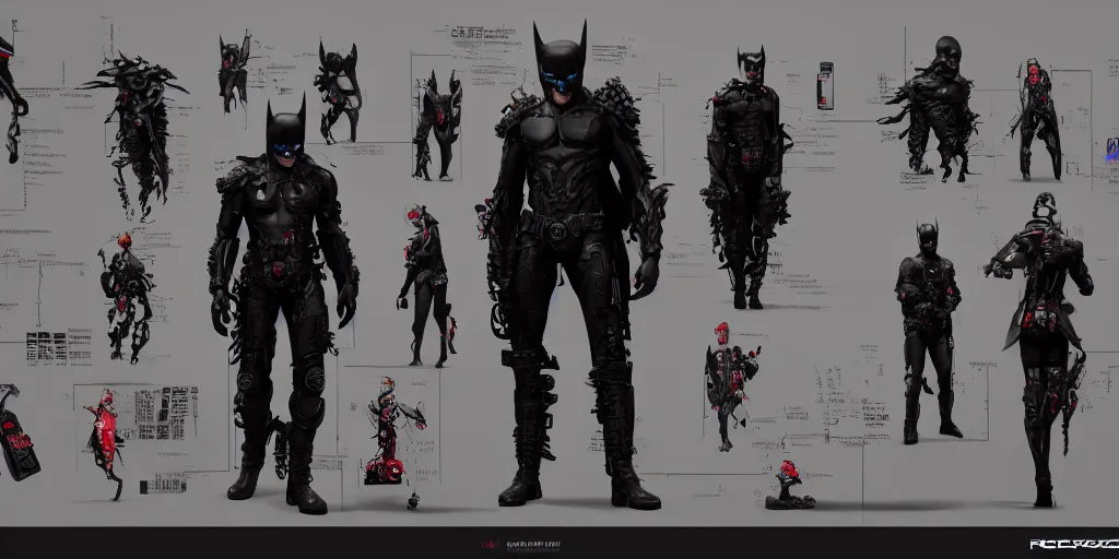 Image similar to cyberpunk batman, character sheet, concept design, contrast, hot toys, kim jung gi, greg rutkowski, zabrocki, karlkka, jayison devadas, trending on artstation, 8 k, ultra wide angle, pincushion lens effect