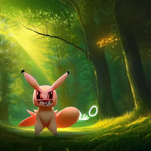 Prompt: beautiful digital fantasy illustration of a hyperrealistic pokemon evolving into a demon, cute smiling attractive pokemon, the trees of a flowery woodlands glistens as the morning sun touches its leaves with her gentle rays. pokemon of various shapes, sizes, and colors walk through the forest by alena aenami and arthur adams, octane render, detail texture, unreal engine, 8 k